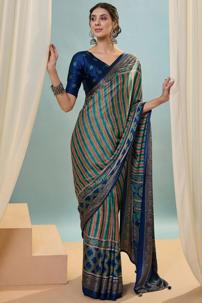 Sonorous Dark Green Ajrakh Printed Semi Modal Silk Saree With Breathtaking Blouse Piece - Image 3