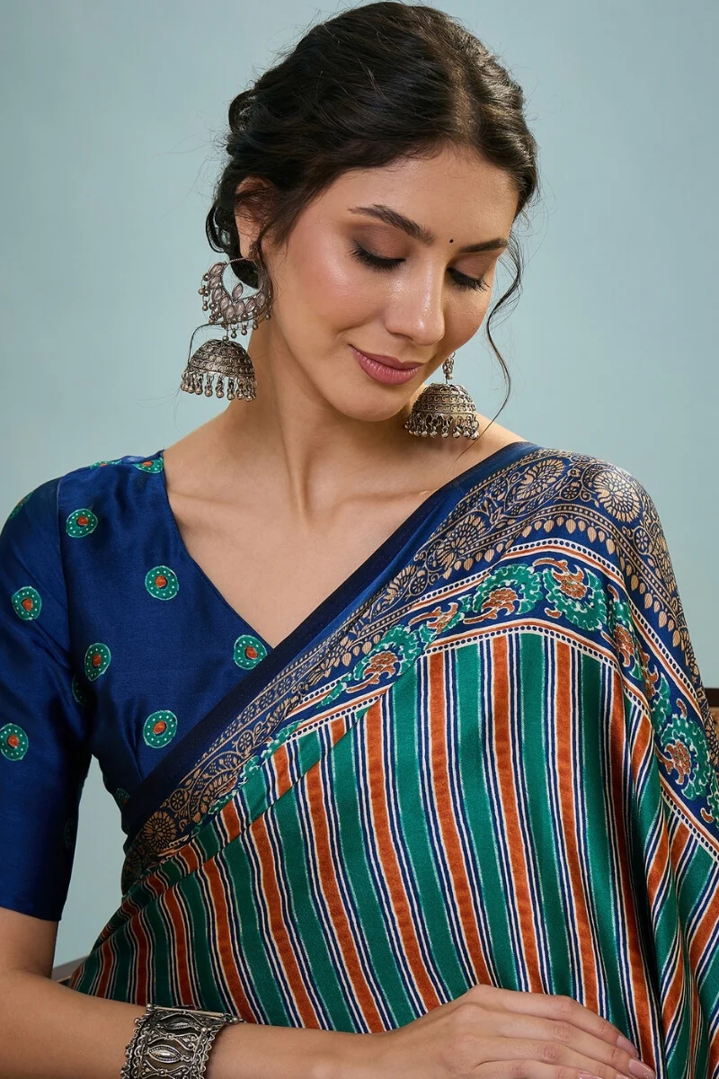 Sonorous Dark Green Ajrakh Printed Semi Modal Silk Saree With Breathtaking Blouse Piece - Image 4