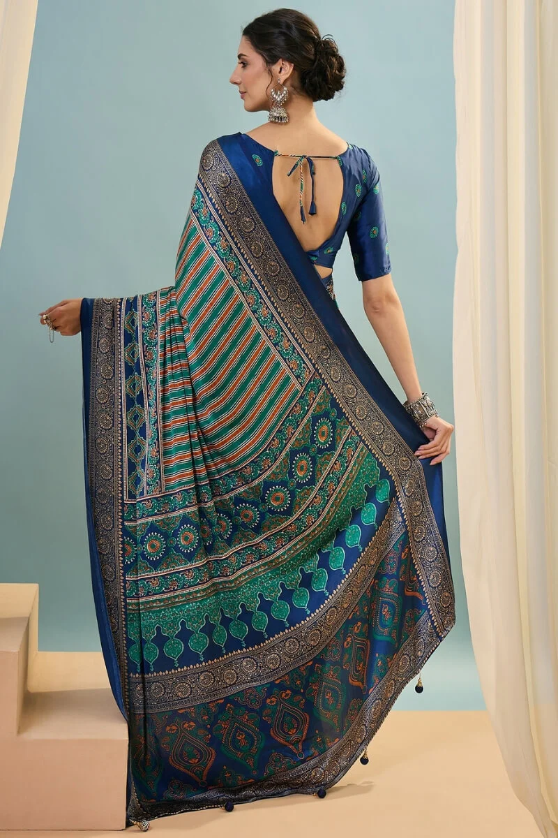 Sonorous Dark Green Ajrakh Printed Semi Modal Silk Saree With Breathtaking Blouse Piece - Image 7