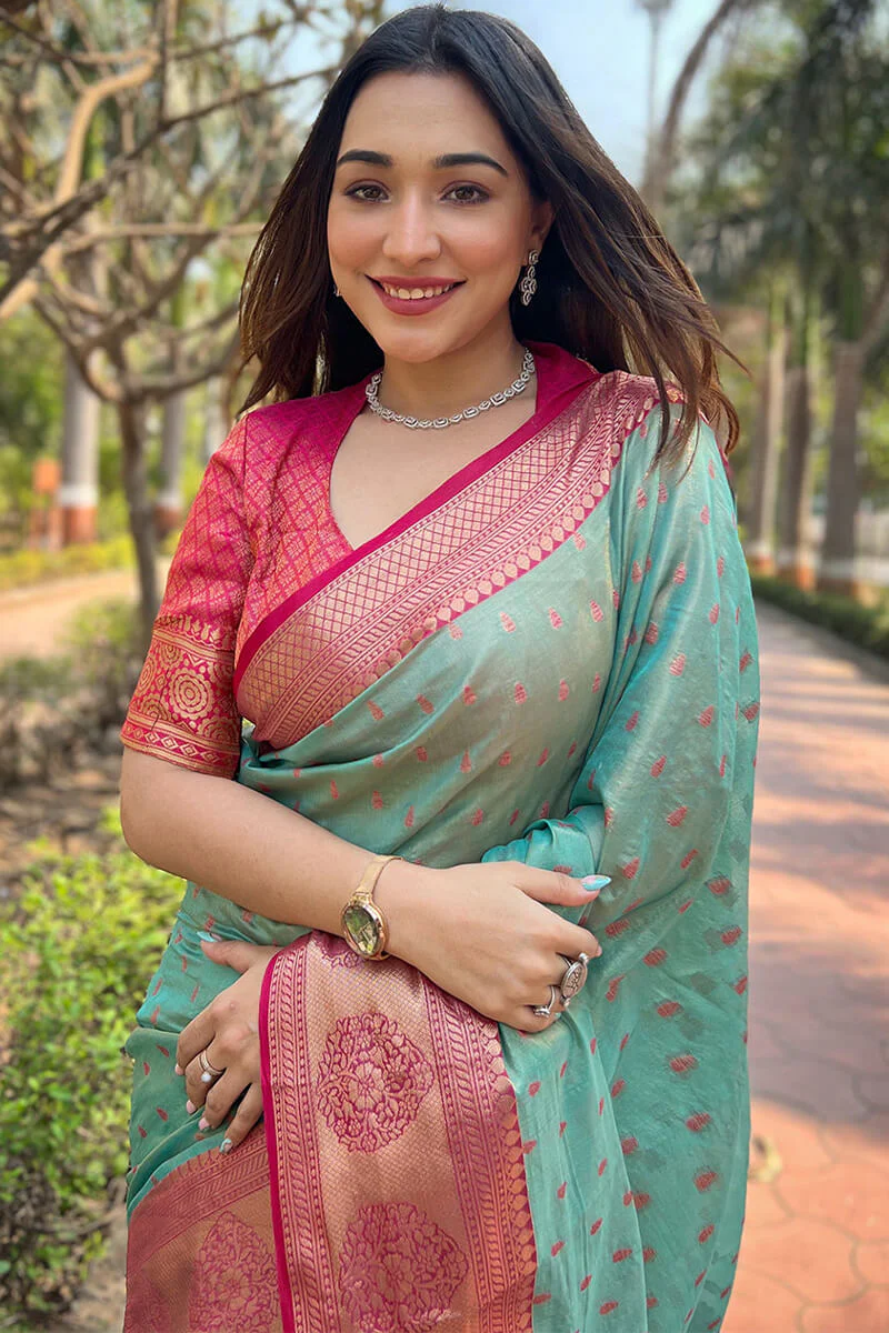 Sonorous Firozi Soft Banarasi Tissue Silk Saree With Brood Blouse Piece - Image 2