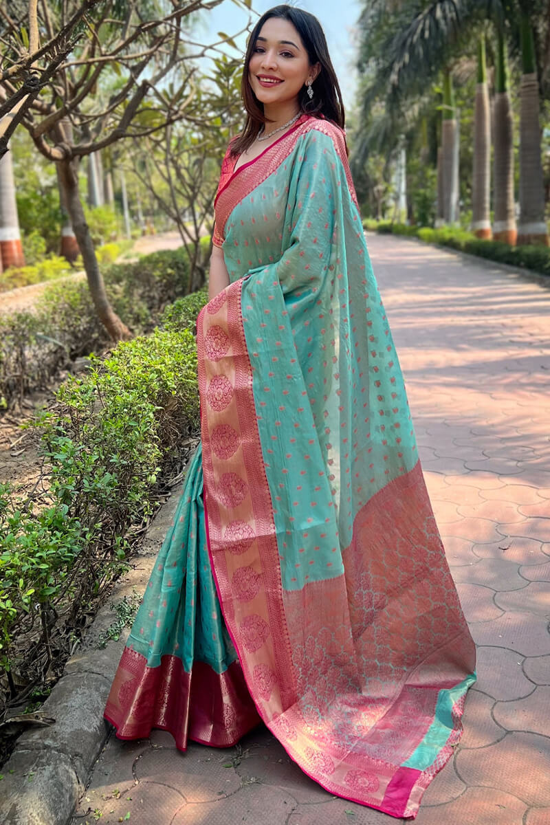Sonorous Firozi Soft Banarasi Tissue Silk Saree With Brood Blouse Piece - Image 3