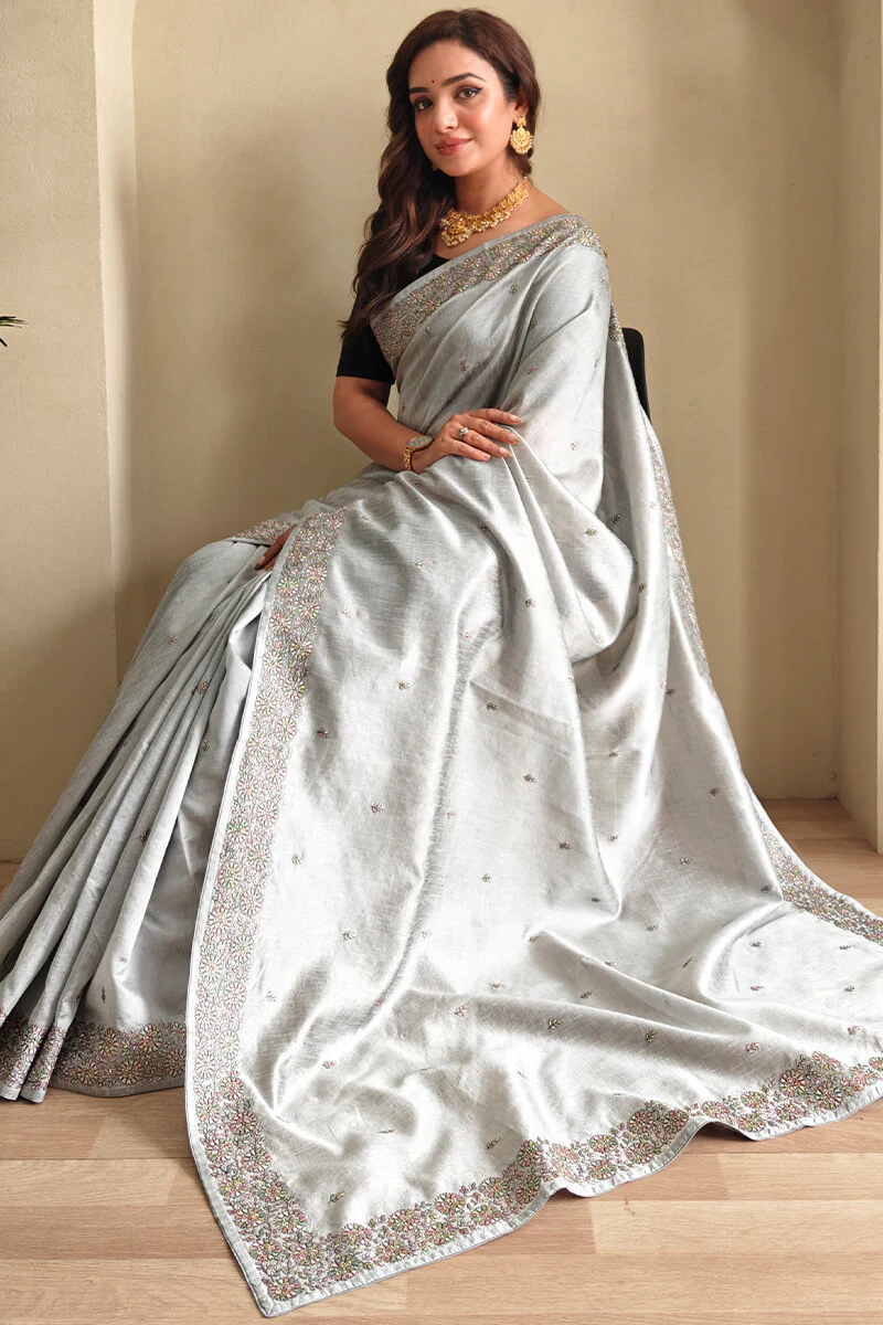 Sonorous Grey Embroidery Work Tussar Silk Saree With Scintillating Blouse Piece - Image 4