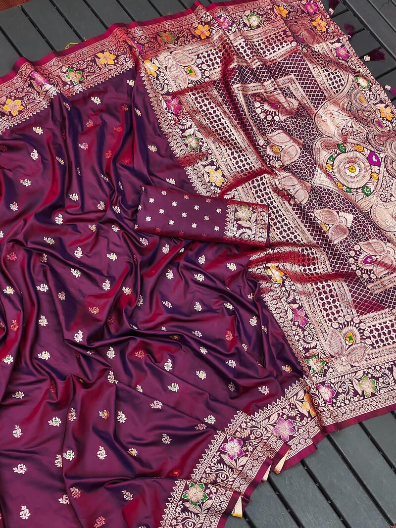 Sonorous Wine Soft Banarasi Silk Saree With Nectarous Blouse Piece - Image 3