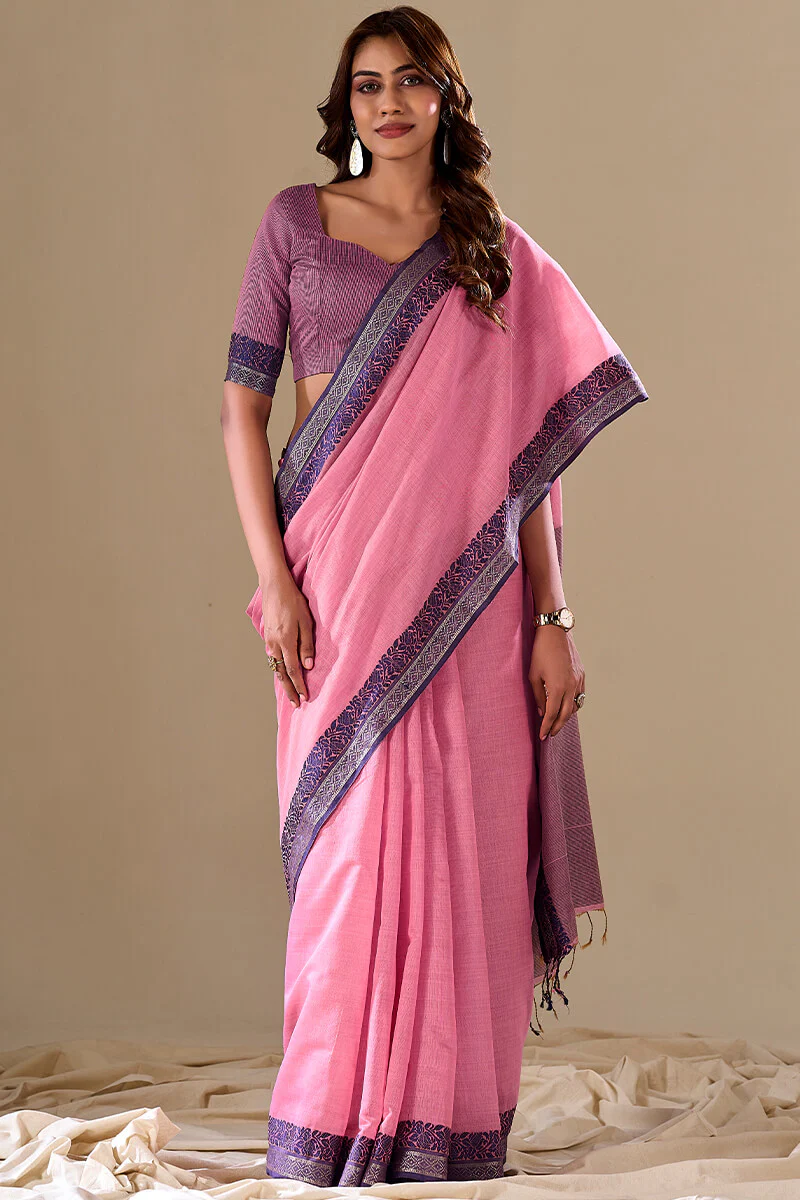 Sophisticated Baby Pink Cotton Silk Saree With Gleaming Blouse Piece