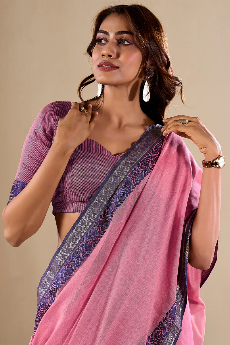 Sophisticated Baby Pink Cotton Silk Saree With Gleaming Blouse Piece - Image 2