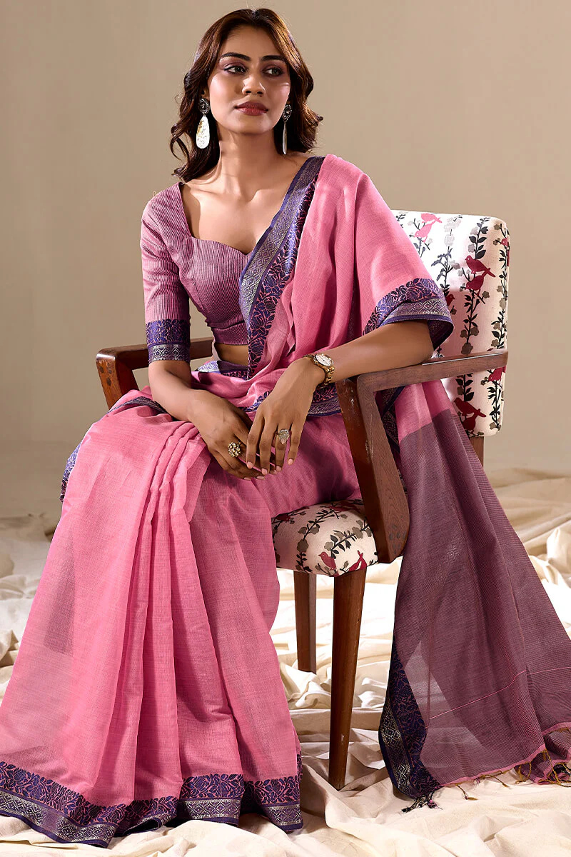 Sophisticated Baby Pink Cotton Silk Saree With Gleaming Blouse Piece - Image 3