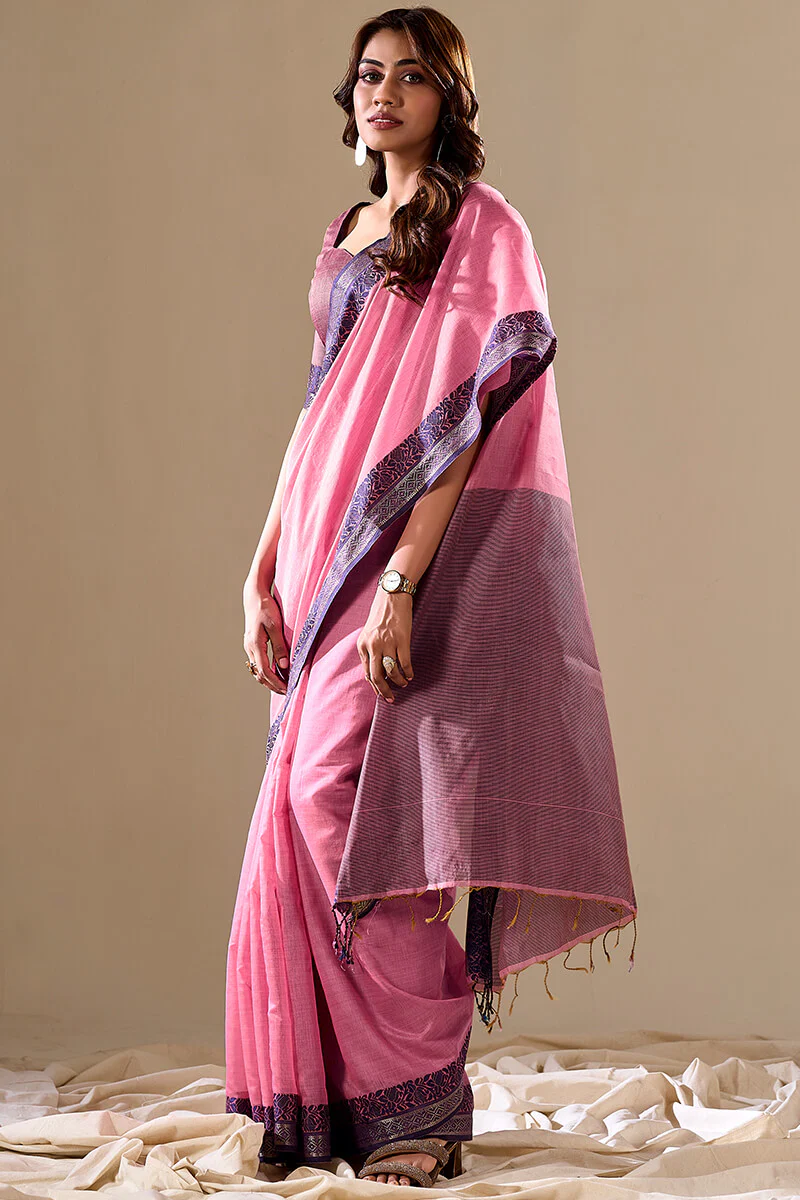 Sophisticated Baby Pink Cotton Silk Saree With Gleaming Blouse Piece - Image 4