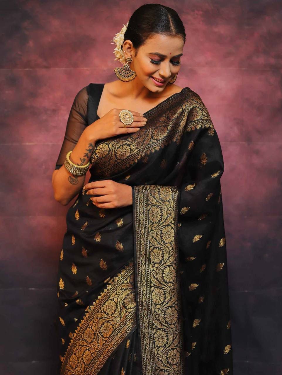 Sophisticated Black Soft Silk Saree With Twirling Blouse Piece - Image 3