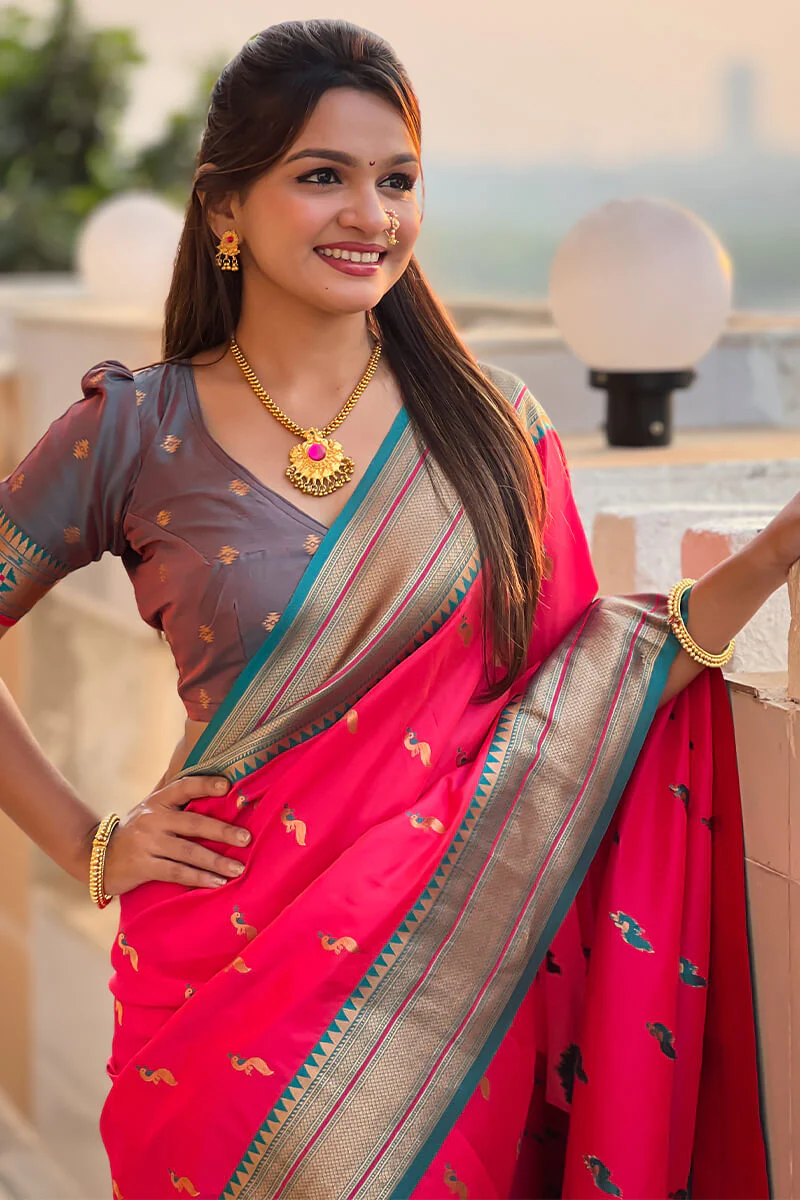 Sophisticated Dark Pink Paithani Silk Saree With Pretty Blouse Piece - Image 3