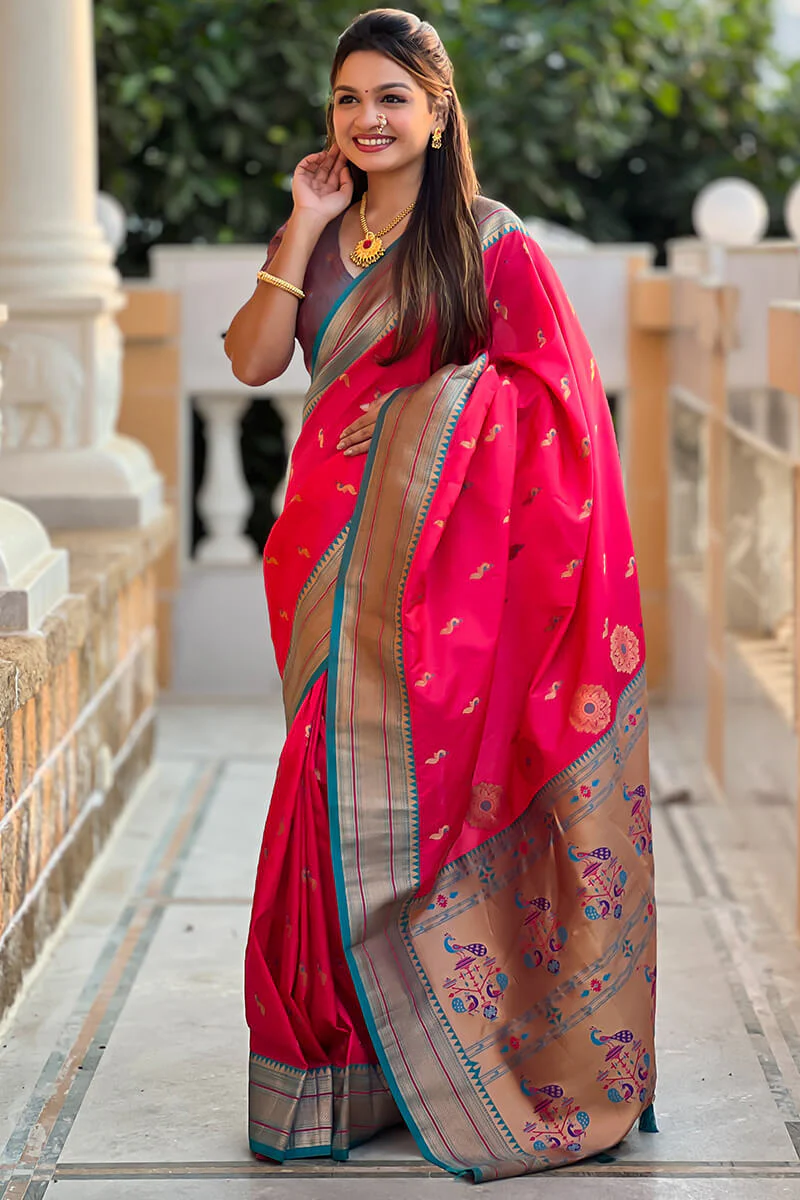 Sophisticated Dark Pink Paithani Silk Saree With Pretty Blouse Piece - Image 5