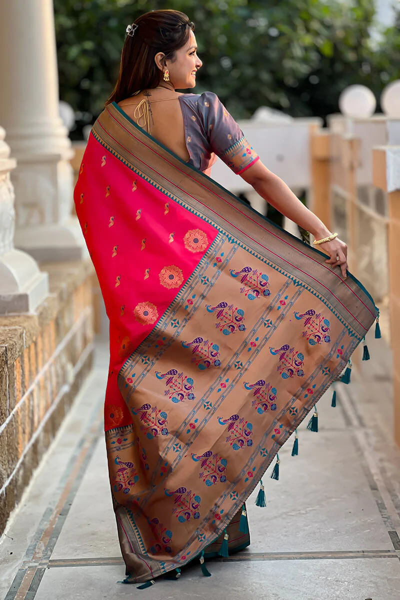 Sophisticated Dark Pink Paithani Silk Saree With Pretty Blouse Piece - Image 6