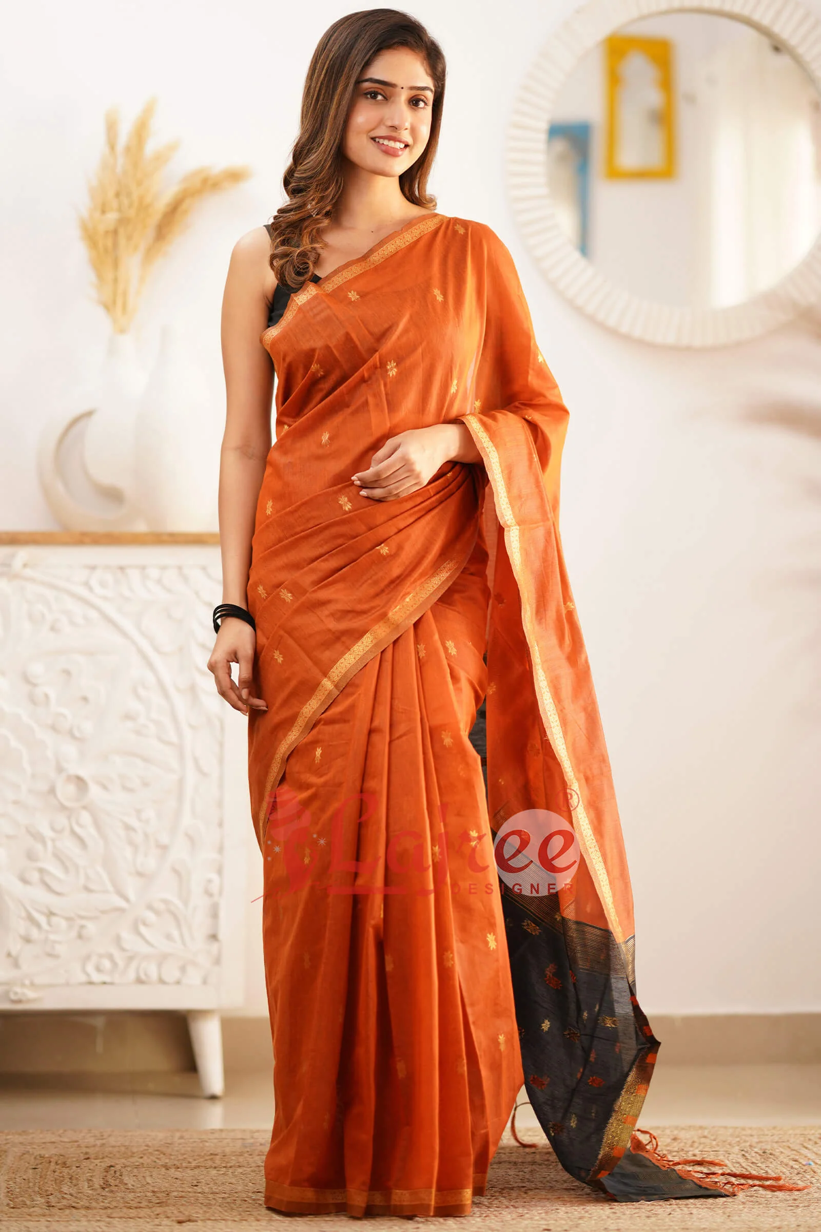 Sophisticated Orange Cotton Silk Saree With Elegant Blouse Piece - Image 6