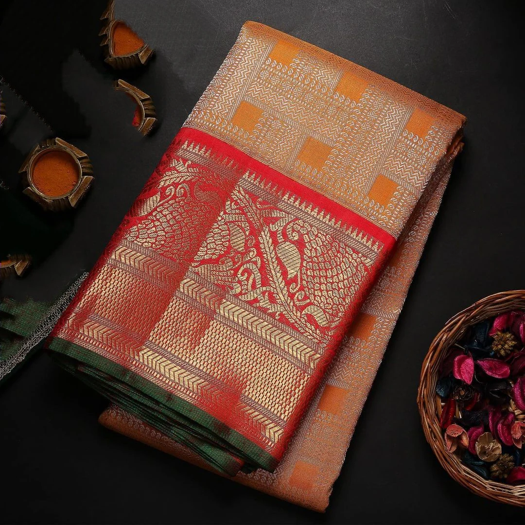 Sophisticated Orange Soft Banarasi Silk Saree With Two Attractive Blouse Piece - Image 3