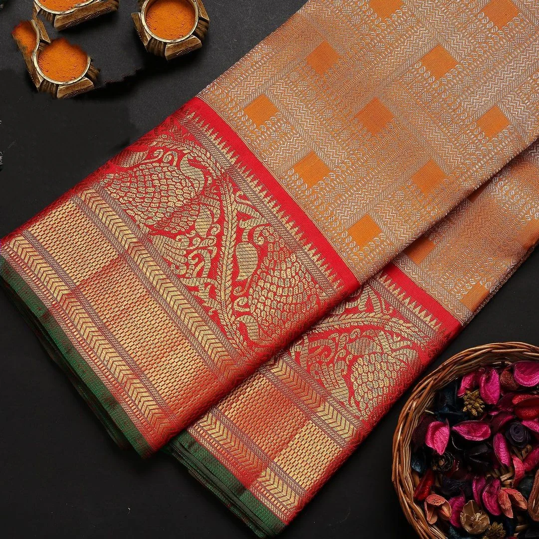 Sophisticated Orange Soft Banarasi Silk Saree With Two Attractive Blouse Piece - Image 4