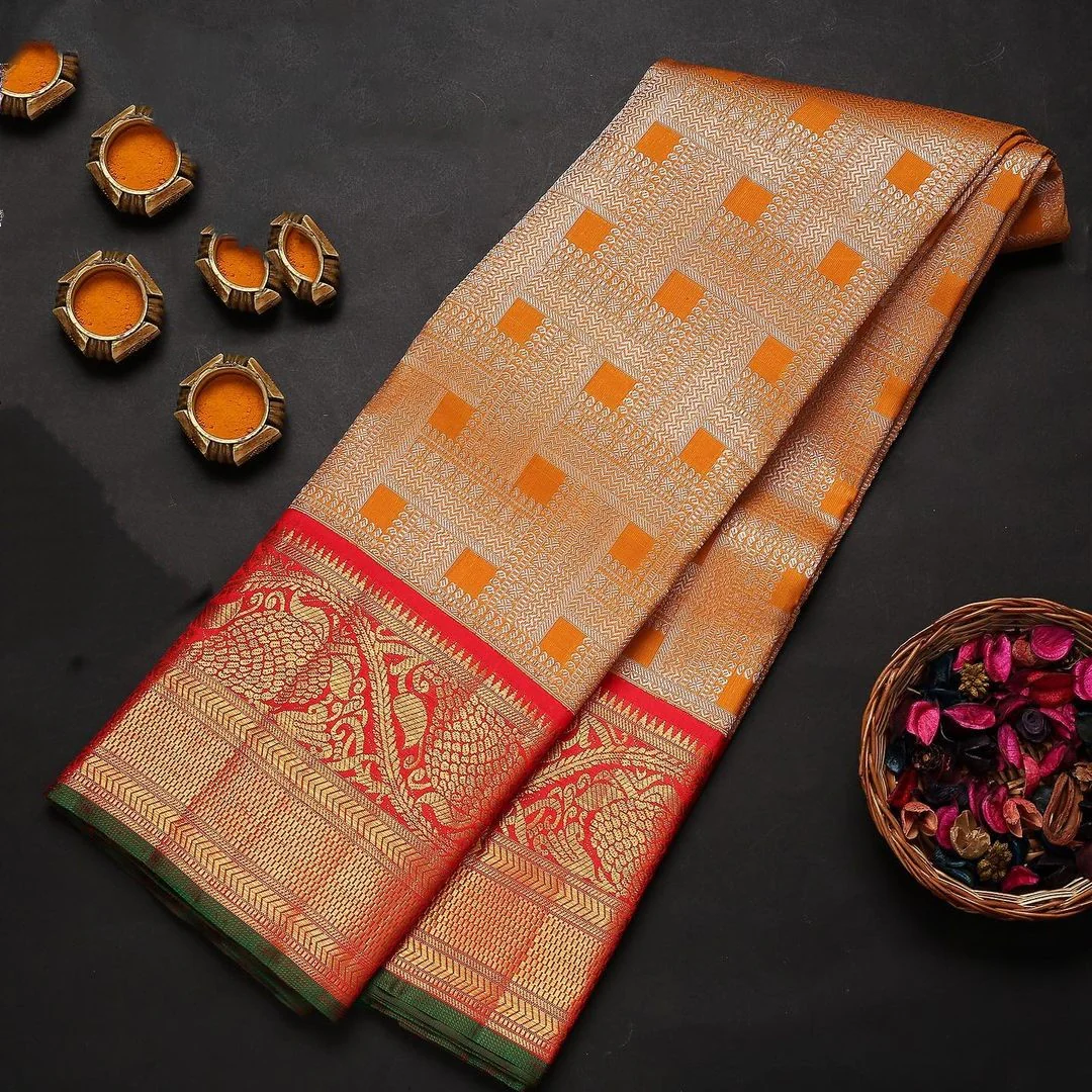 Sophisticated Orange Soft Banarasi Silk Saree With Two Attractive Blouse Piece - Image 5