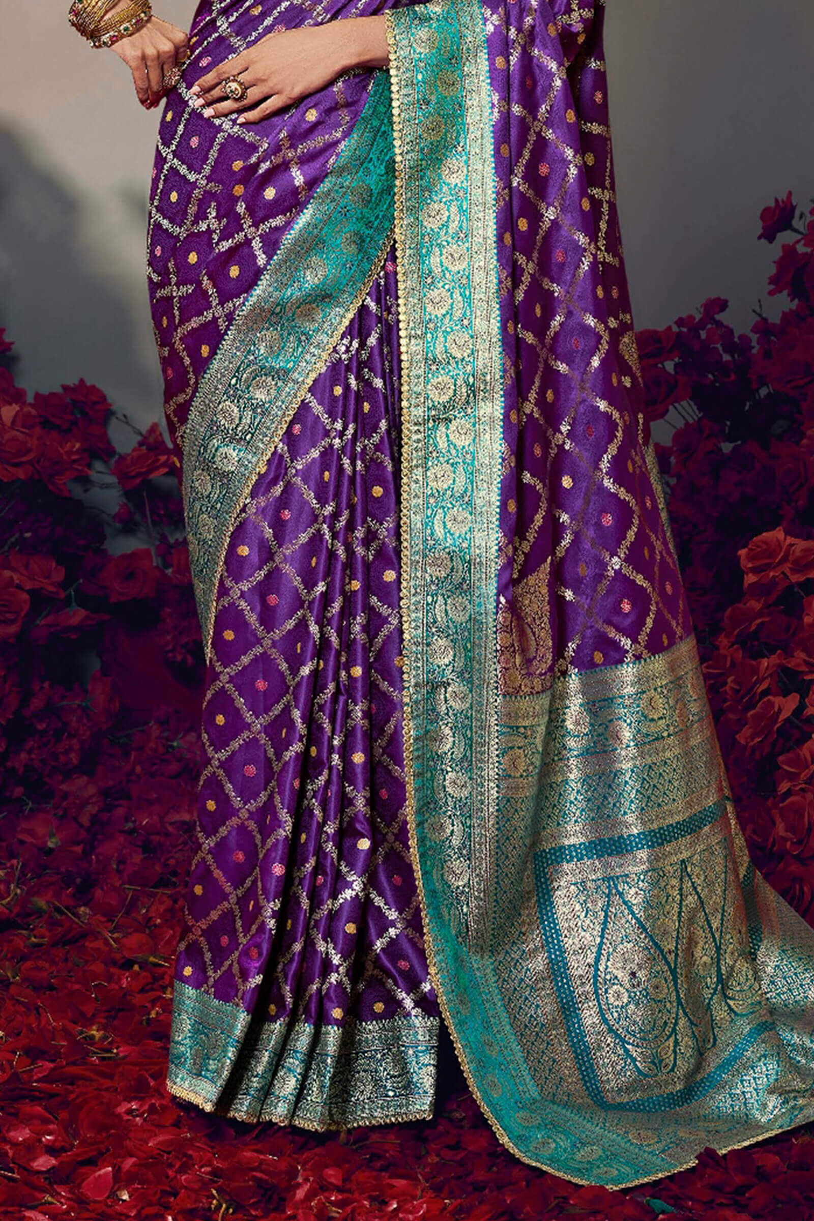 Sophisticated Purple Banarasi Satin Silk Saree With Designer Blouse Piece - Image 4