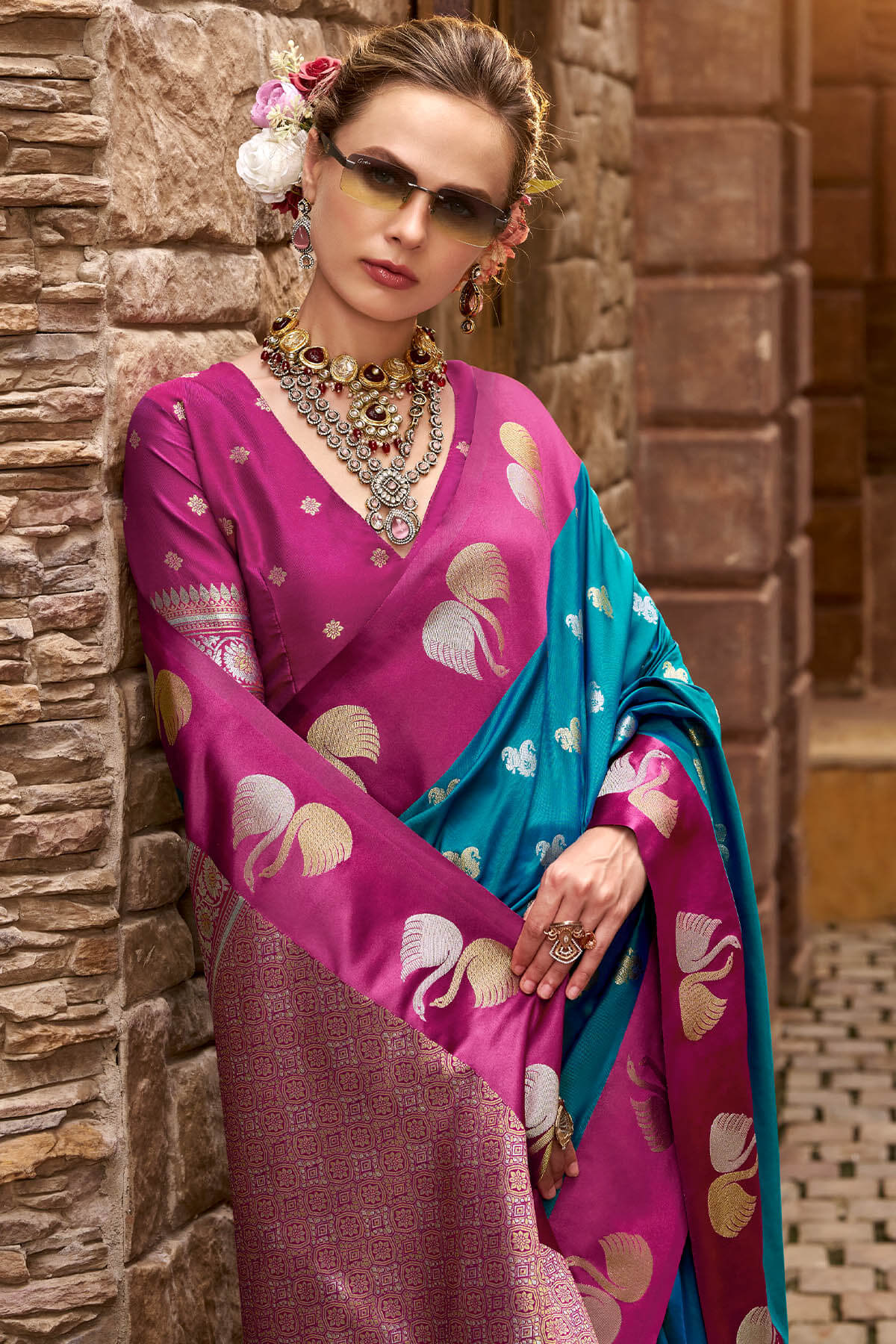 Sophisticated Rama Banarasi Satin Silk Saree With Conflate Blouse - Image 2