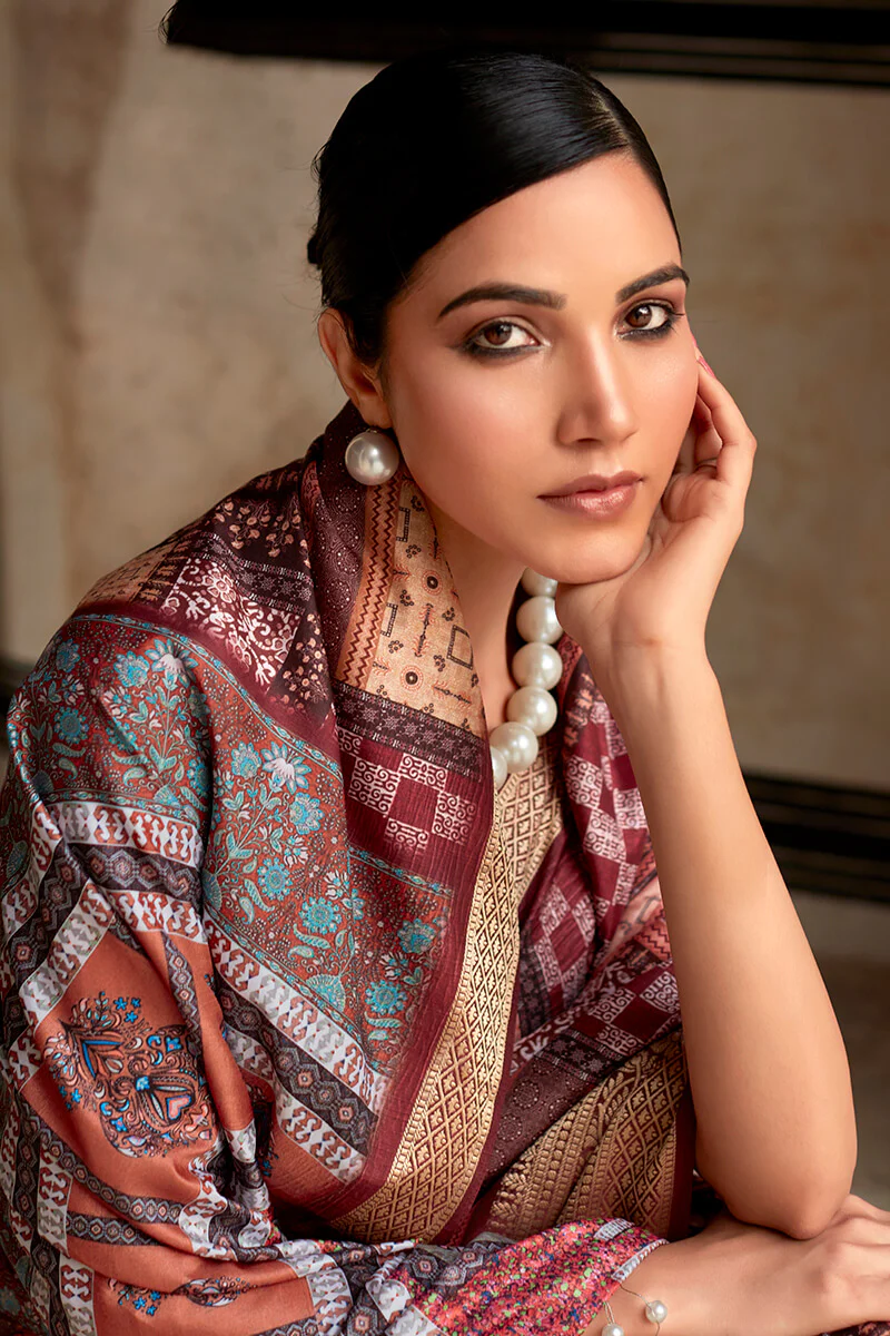 Sophisticated Wine Digital Printed Dola Silk Saree With Flattering Blouse Piece - Image 3