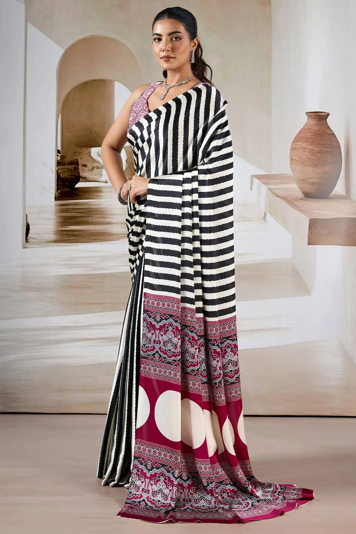 Splendiferous Black Ajrakh Printed Satin Silk Saree With Smashing Blouse Piece - Image 5