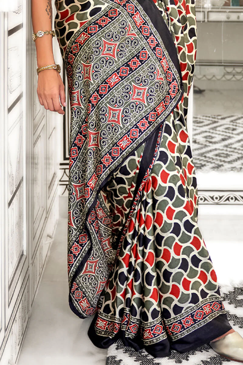 Splendiferous Multicolor Digital Printed Satin Silk Saree With Transcendent Blouse Piece - Image 3