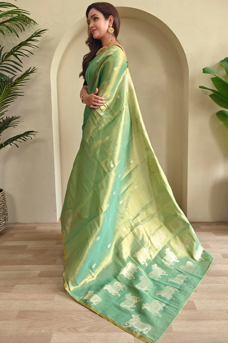 Splendiferous Pista Soft Banarasi Tissue Silk Saree With Elegant Blouse Piece - Image 4