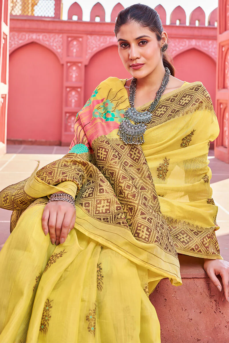 Splendiferous Yellow Cotton Silk Saree With Luxuriant Blouse Piece - Image 2