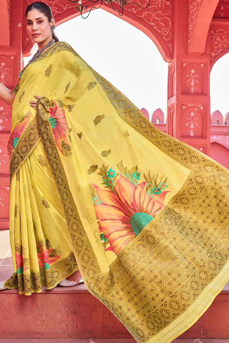 Splendiferous Yellow Cotton Silk Saree With Luxuriant Blouse Piece - Image 4