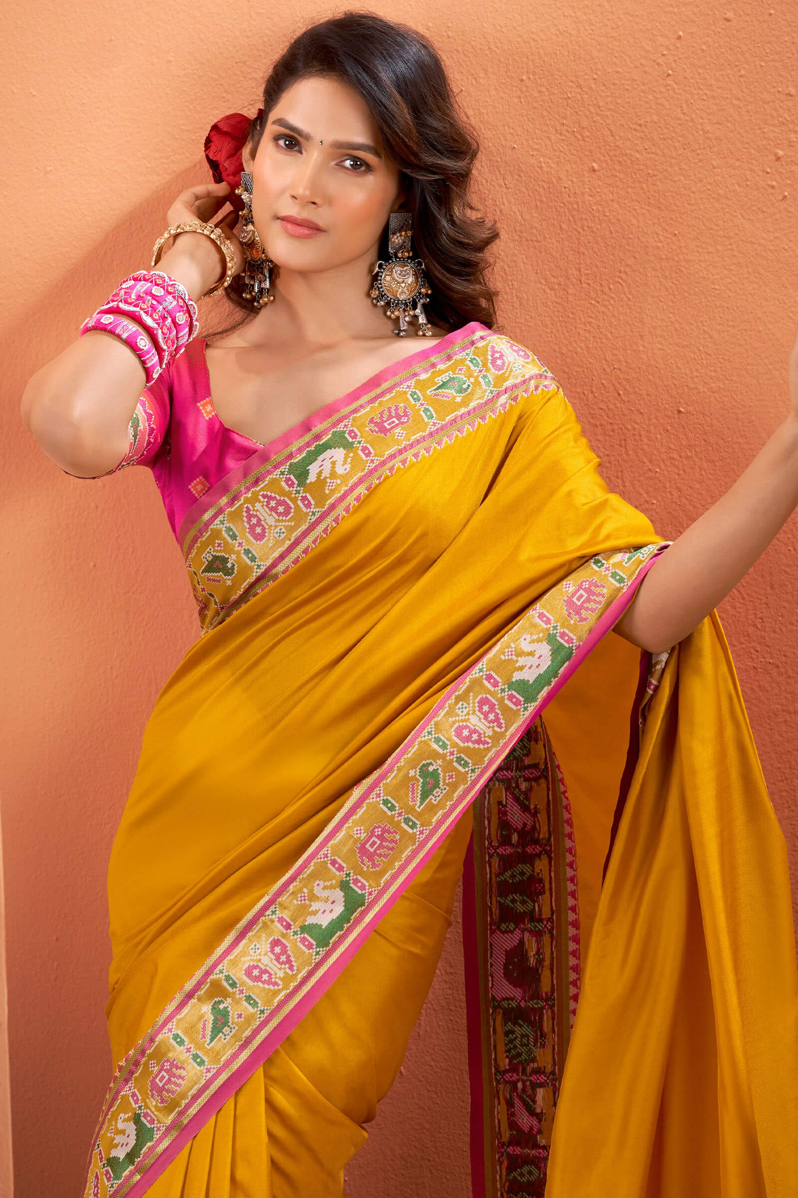 Splendiferous Yellow Patola Silk Saree with Precious Blouse Piece - Image 2