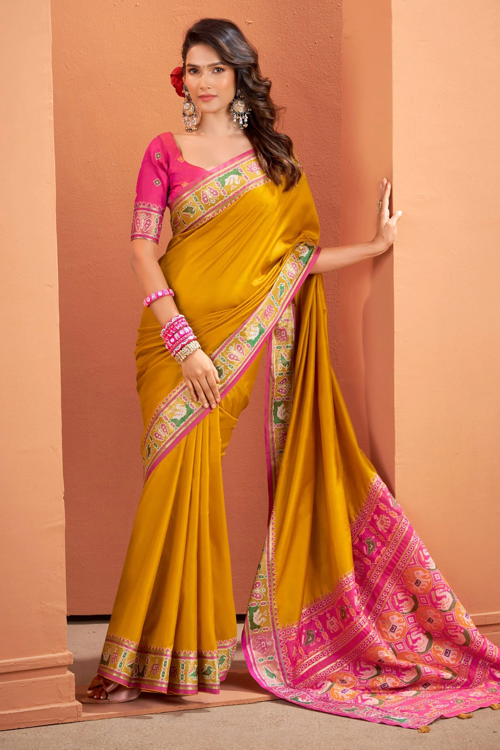 Splendiferous Yellow Patola Silk Saree with Precious Blouse Piece - Image 3