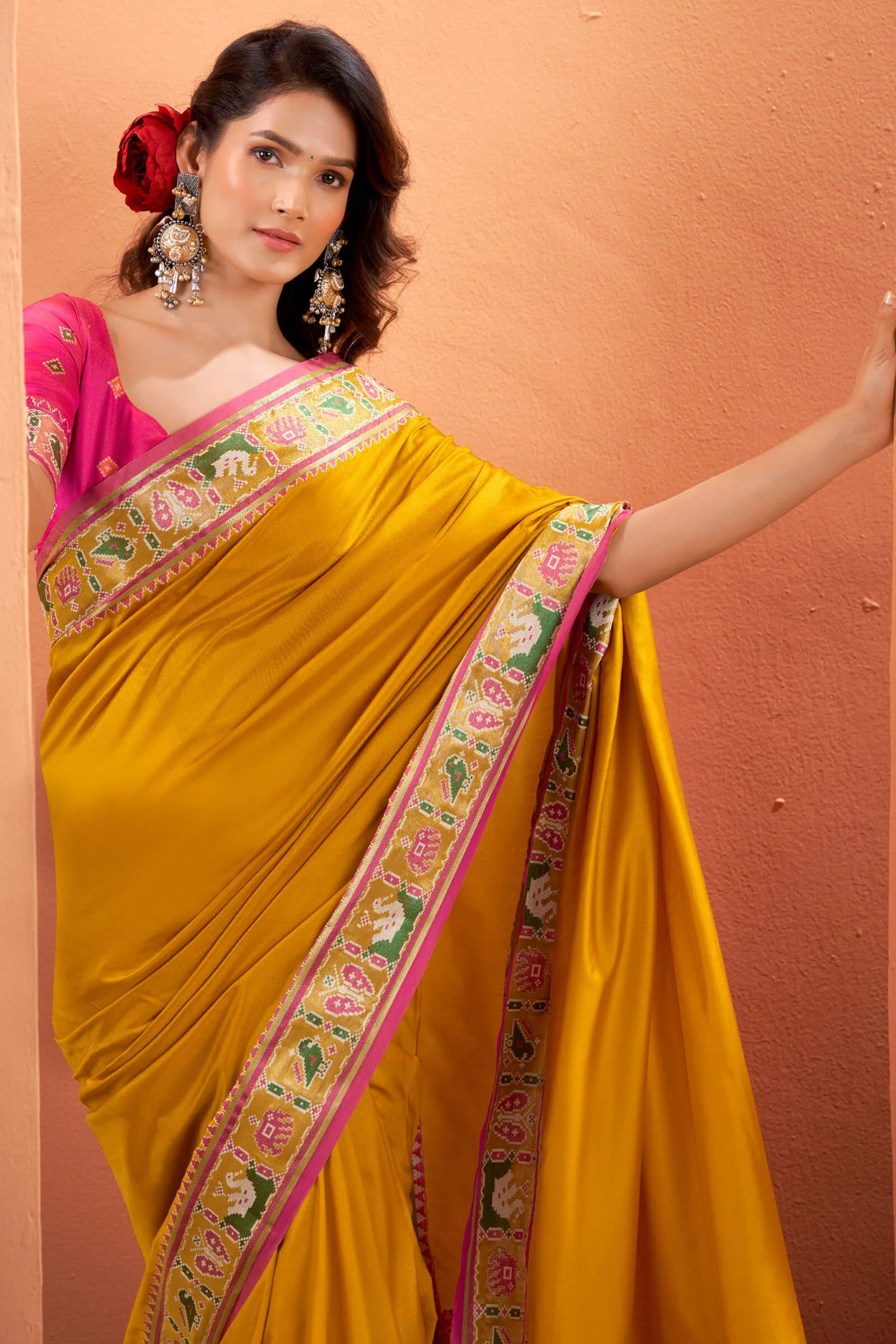 Splendiferous Yellow Patola Silk Saree with Precious Blouse Piece - Image 4
