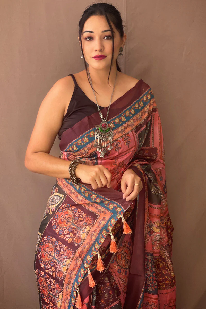 Splendorous Pink Kalamkari Printed Saree With Sonorous Blouse Piece - Image 2