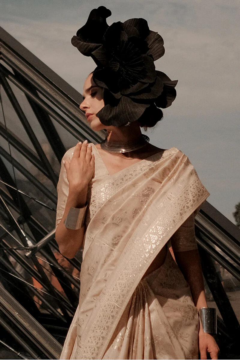 Staggering Beige Soft Banarasi Silk Saree With Sempiternal Blouse Piece - Image 2