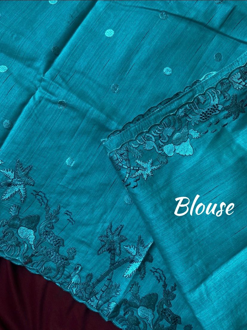 Staggering Firozi Embroidery Work Tussar Silk Saree With Cynosure Blouse Piece - Image 3