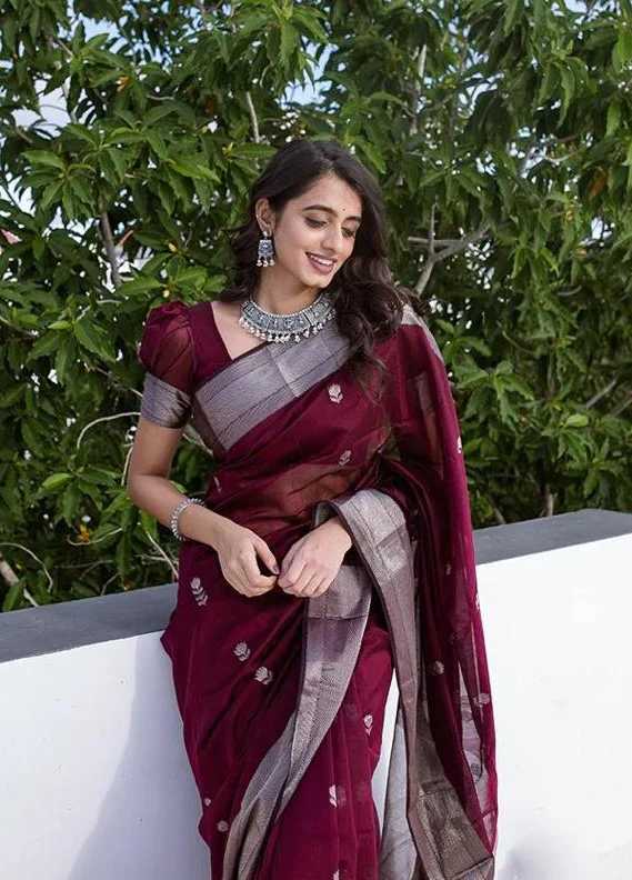 Staggering Wine Cotton Silk Saree With Ratatouille Blouse Piece - Image 3