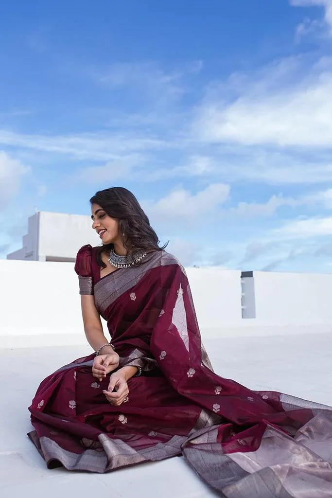 Staggering Wine Cotton Silk Saree With Ratatouille Blouse Piece - Image 5