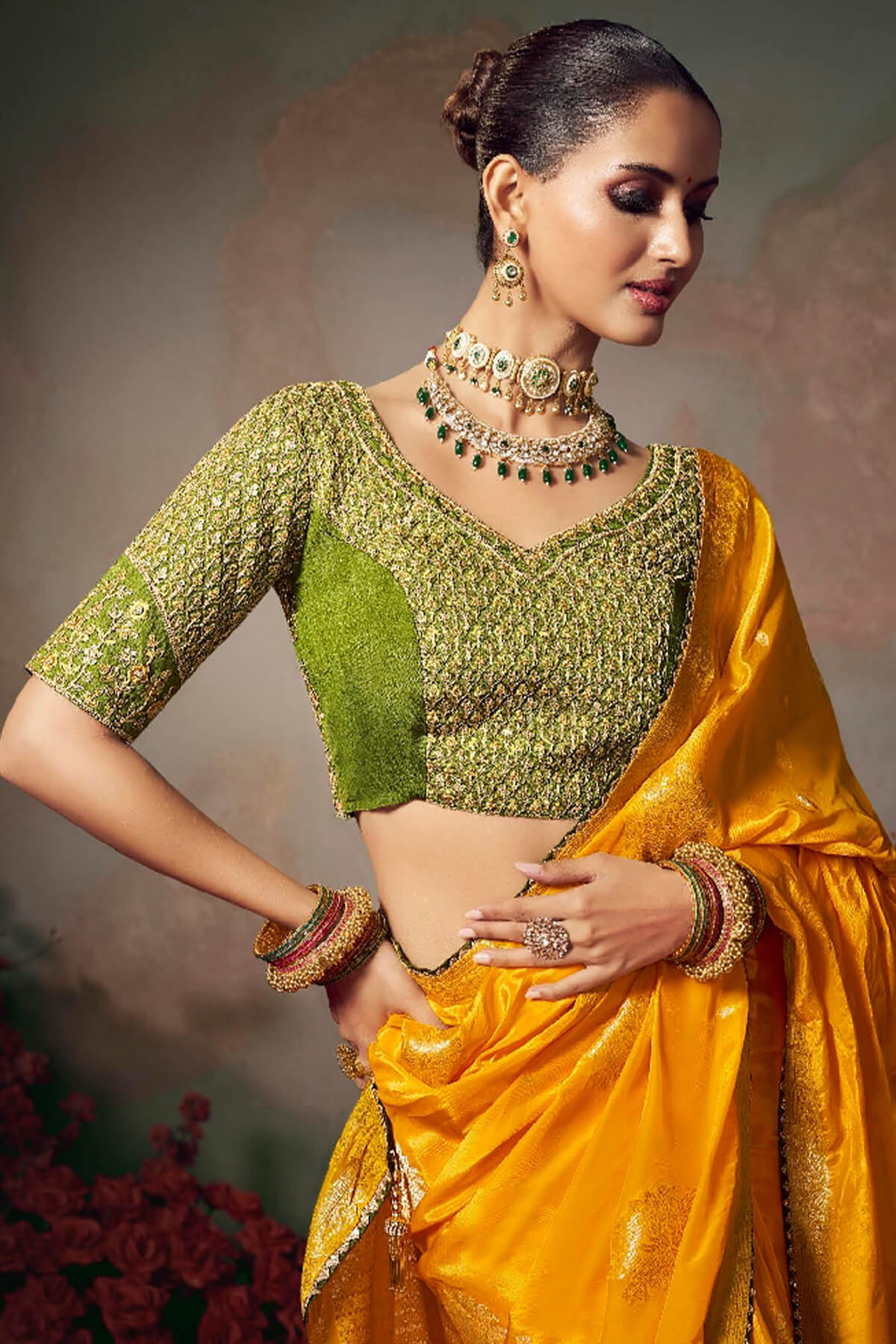 Staggering Yellow Banarasi Silk Saree With Embroidery Blouse Piece - Image 2