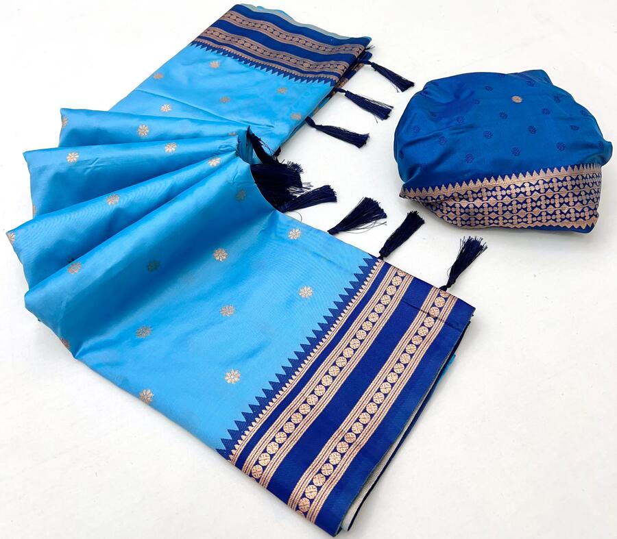 Staring Firozi Soft Banarasi Silk Saree With Blooming Blouse Piece - Image 2