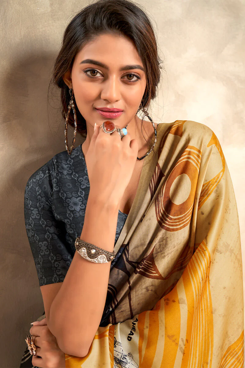 Staring Mustard and Blue Digital Printed Satin Silk Saree With Demanding Blouse Piece - Image 2