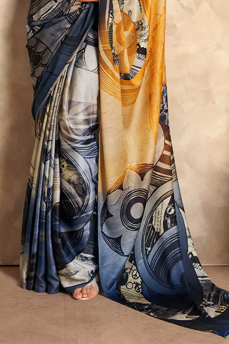 Staring Mustard and Blue Digital Printed Satin Silk Saree With Demanding Blouse Piece - Image 3