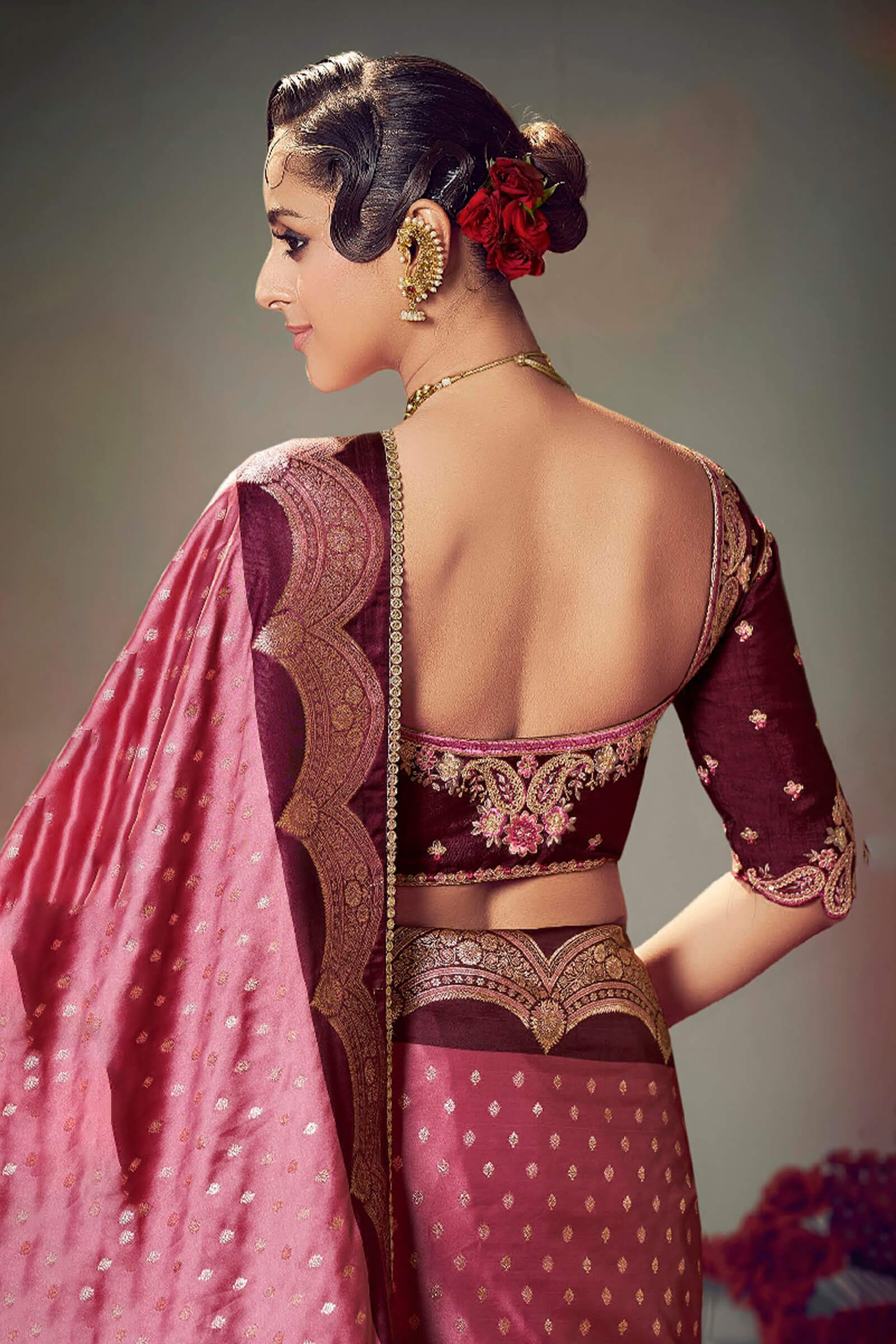 Staring Pink Banarasi Satin Silk Saree With Intricate Blouse Piece - Image 3