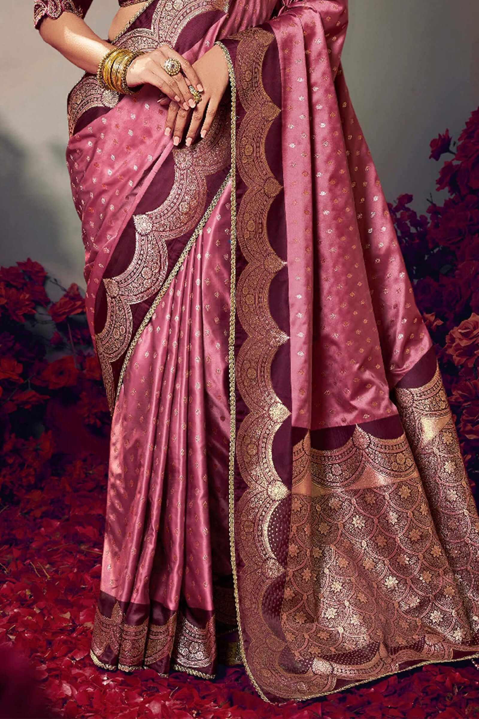 Staring Pink Banarasi Satin Silk Saree With Intricate Blouse Piece - Image 4