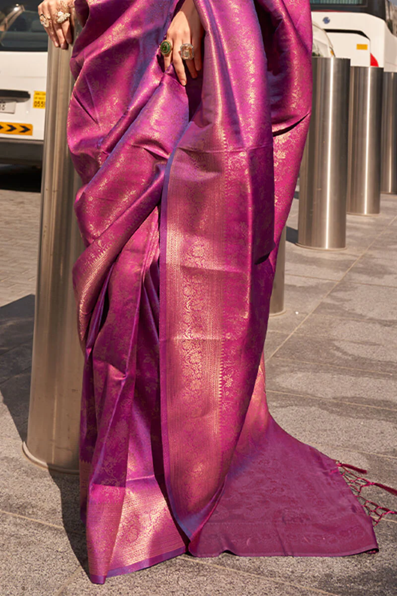 Staring Purple Kanjivaram Silk Saree With Adorable Blouse Piece - Image 3