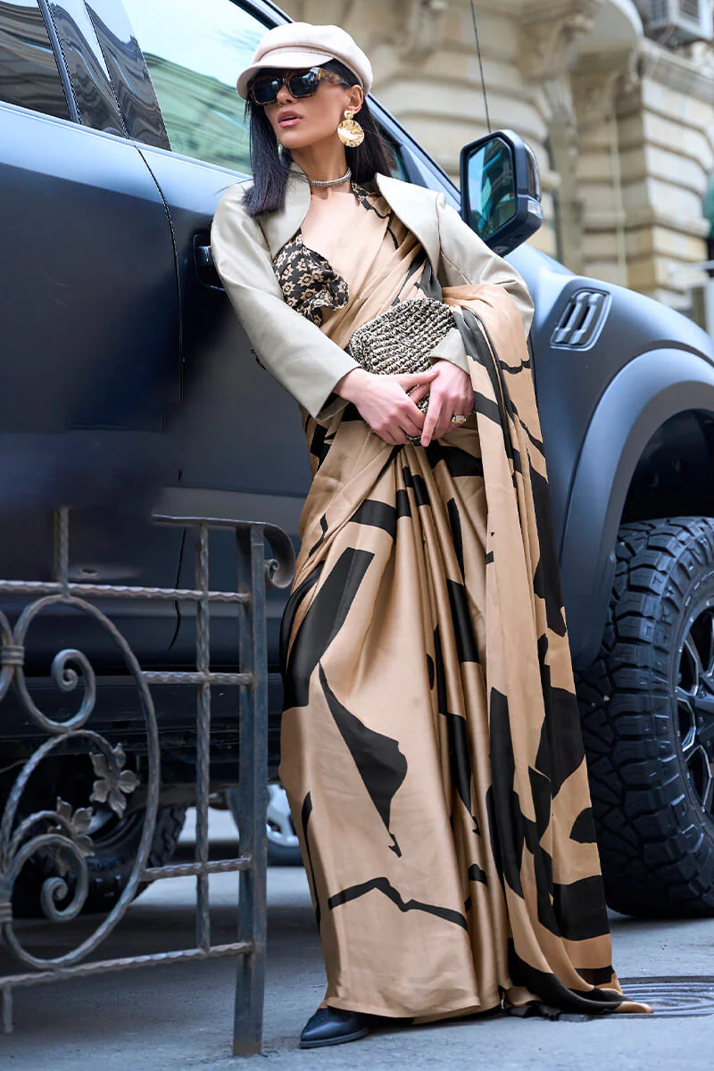 Stunner Dark Beige Digital Printed Satin Silk Saree With Flameboyant Blouse Piece - Image 3