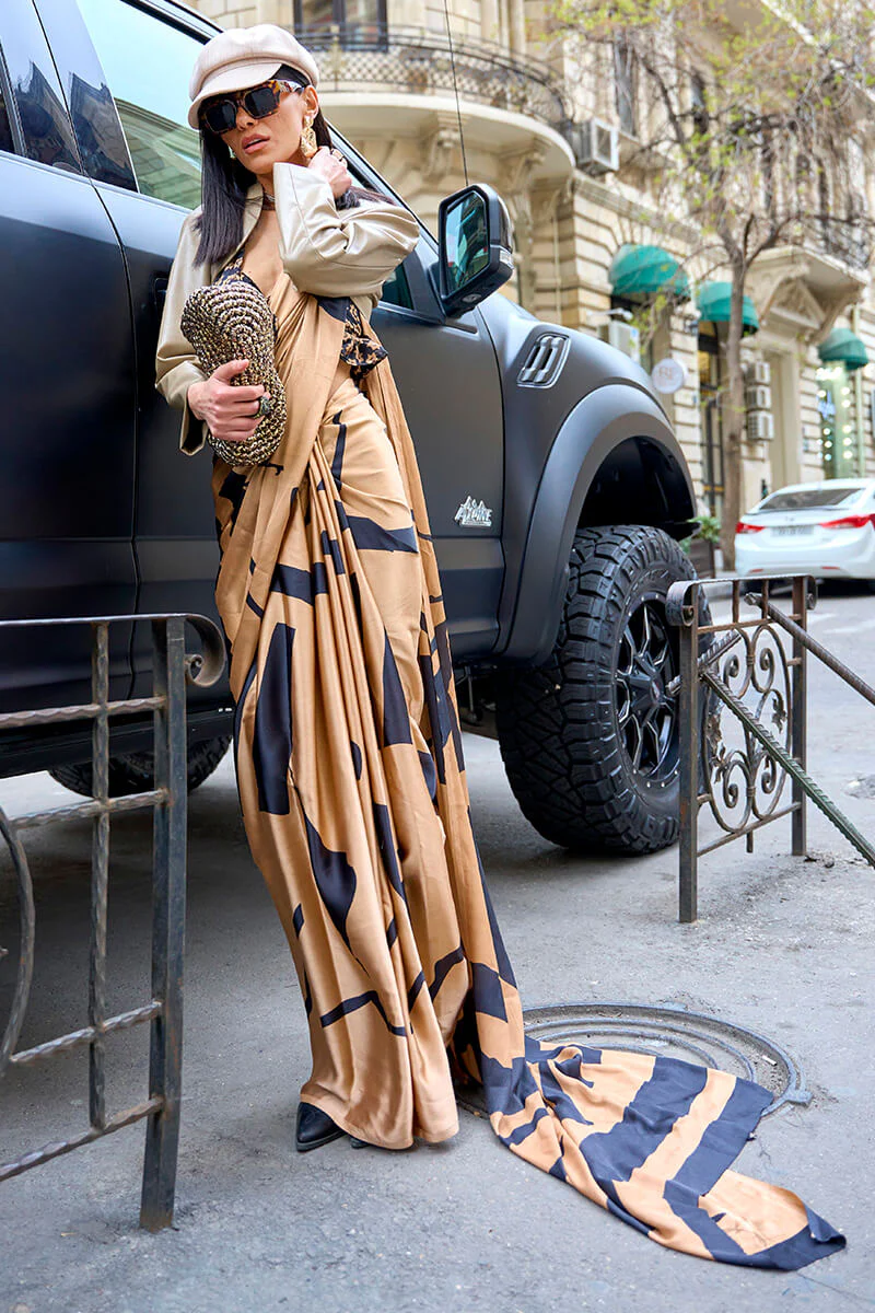 Stunner Dark Beige Digital Printed Satin Silk Saree With Flameboyant Blouse Piece - Image 4