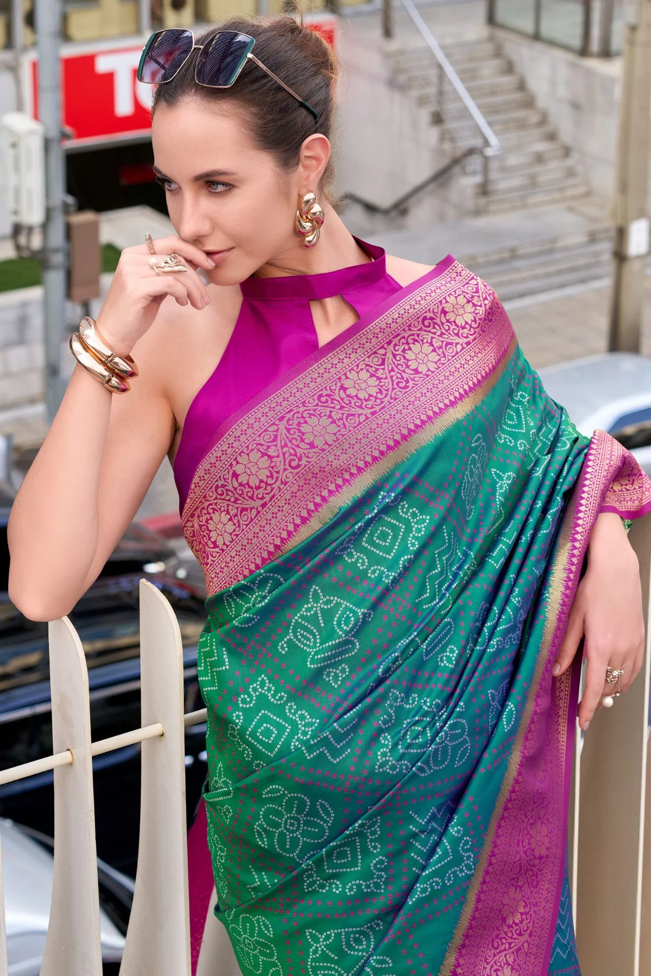 Stunner Green Soft Banarasi Silk Saree With Gossamer Blouse Piece - Image 2