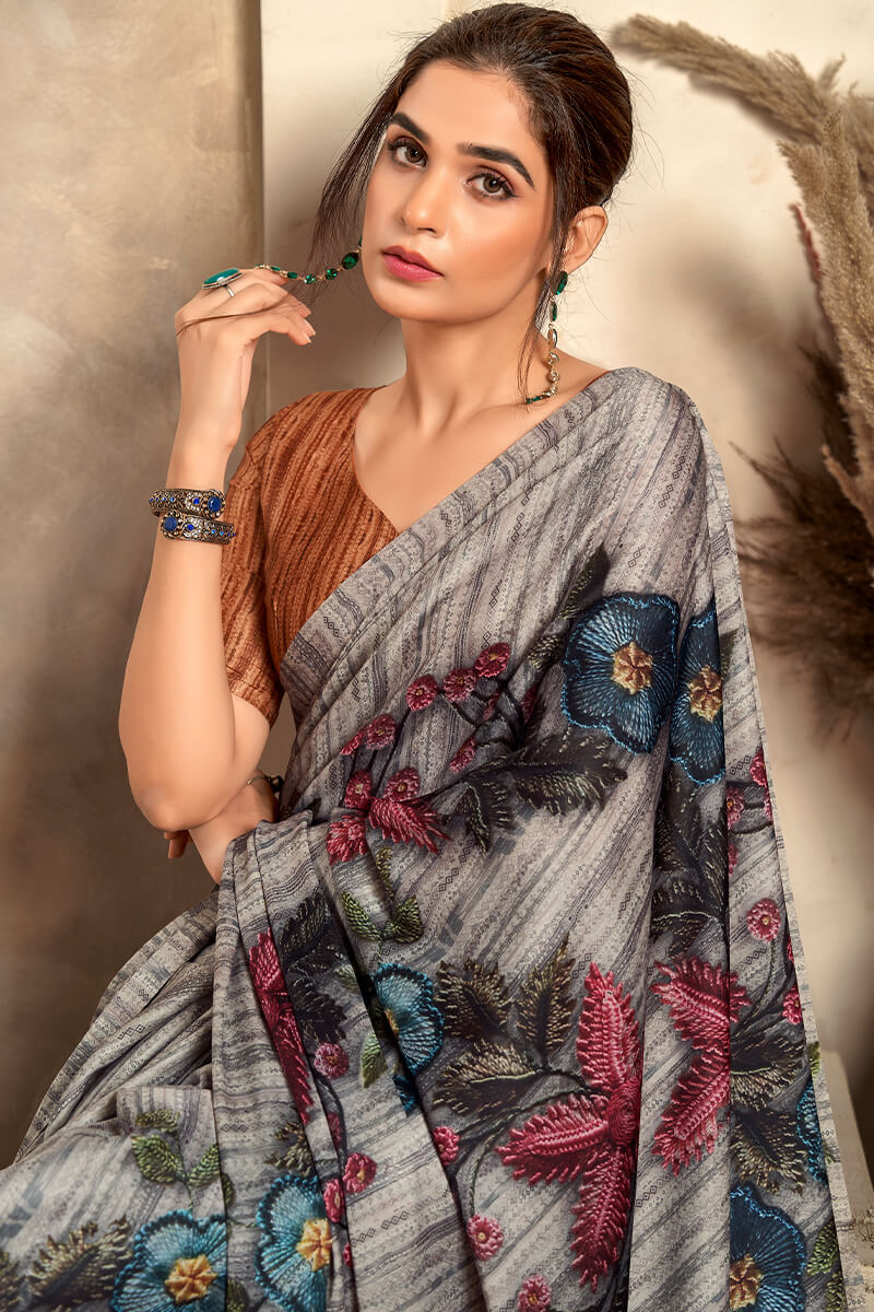 Stunner Grey Digital Printed Satin Silk Saree With Angelic Blouse Piece - Image 2