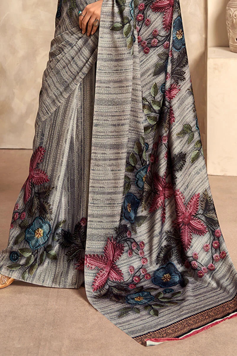 Stunner Grey Digital Printed Satin Silk Saree With Angelic Blouse Piece - Image 3