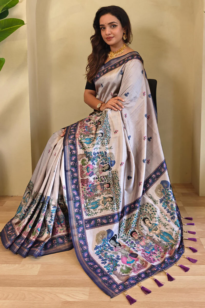 Stunner Lavender Kalamkari Printed Viscose Dola Silk Saree With Majesty Blouse Piece - Image 2