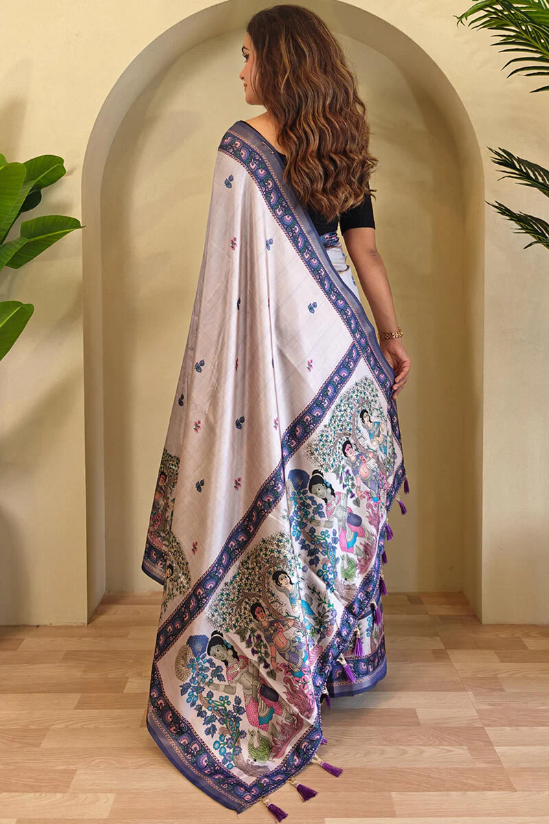 Stunner Lavender Kalamkari Printed Viscose Dola Silk Saree With Majesty Blouse Piece - Image 4