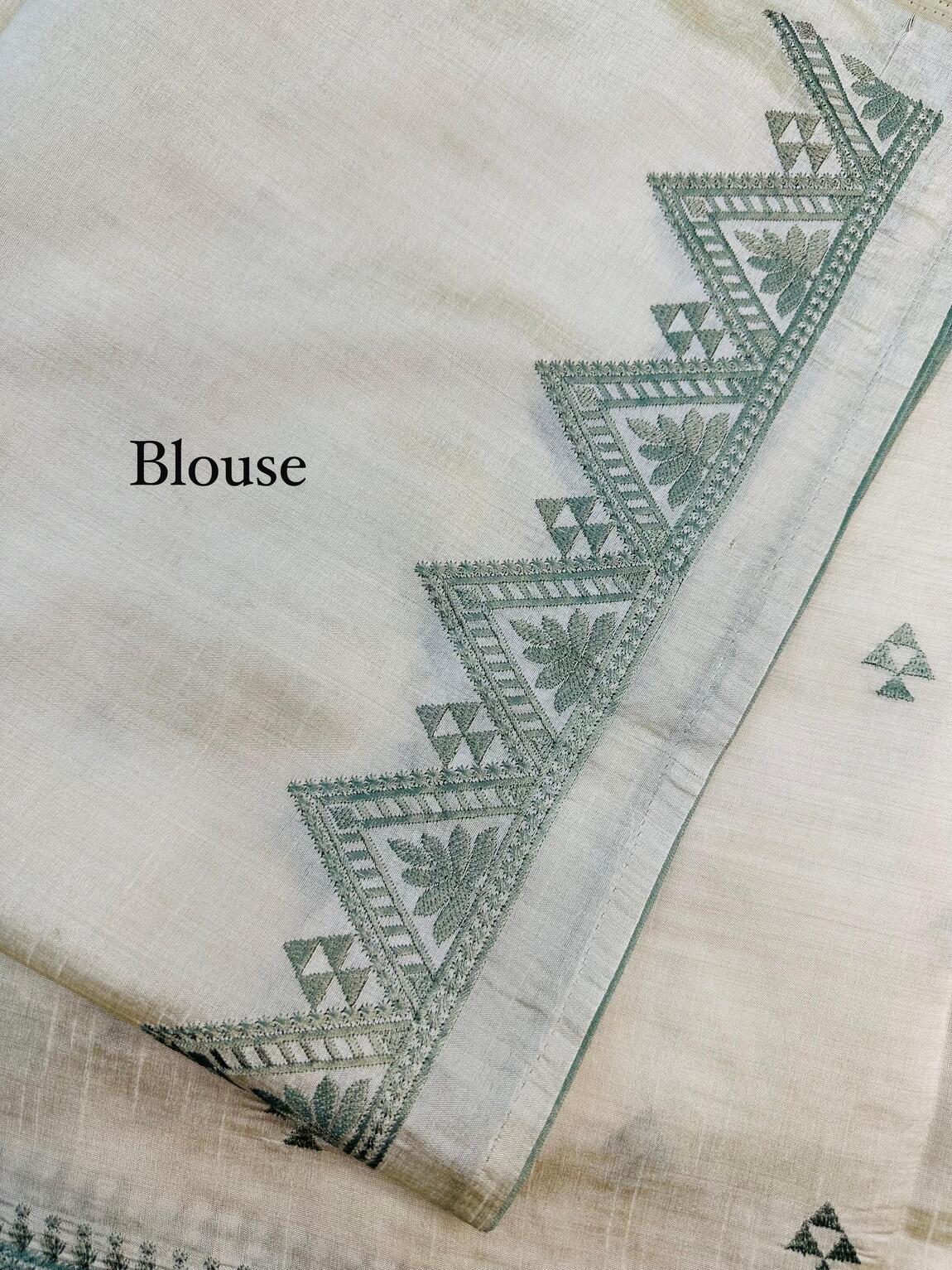 Stunner Off White Embroidery Work Tussar Silk Saree With Elision Blouse Piece - Image 5